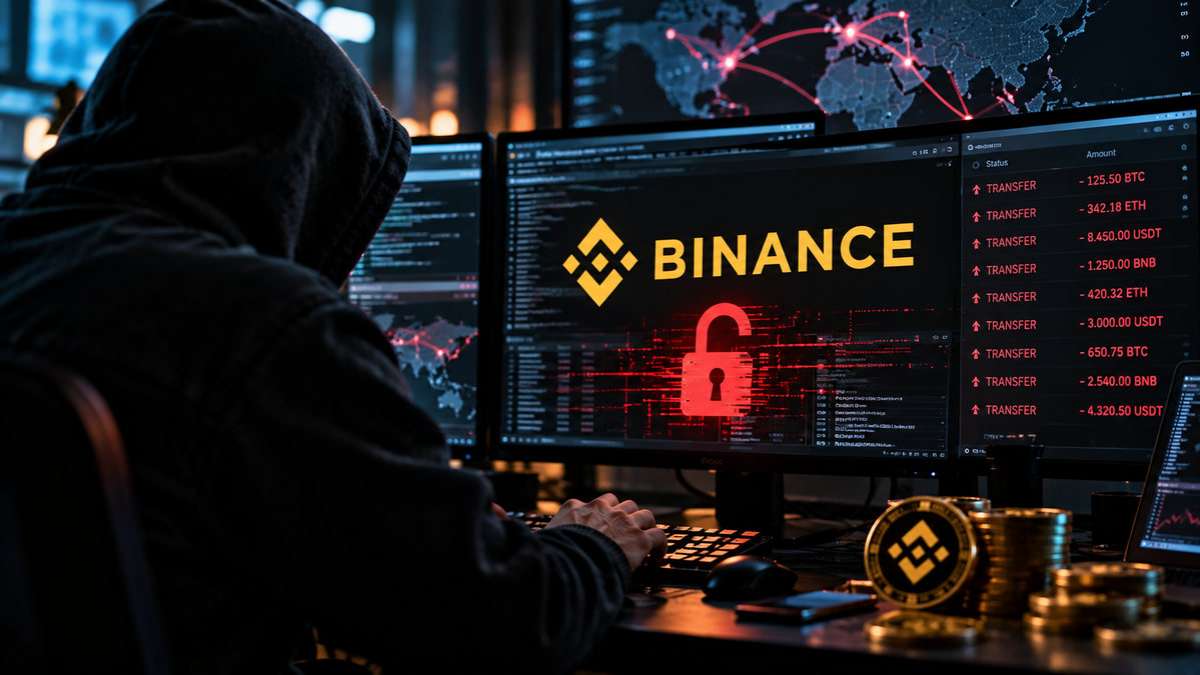 Ilustración de un hacker frente a varios computadores intentando acceder a Binance durante un ciberataque.
