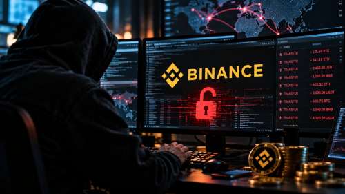 Ilustración de un hacker frente a varios computadores intentando acceder a Binance durante un ciberataque.