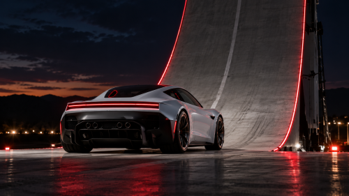Tesla Roadster 2026, deportivo eléctrico futurista de Elon Musk frente a una rampa vertical iluminada, recreación de su tecnolog