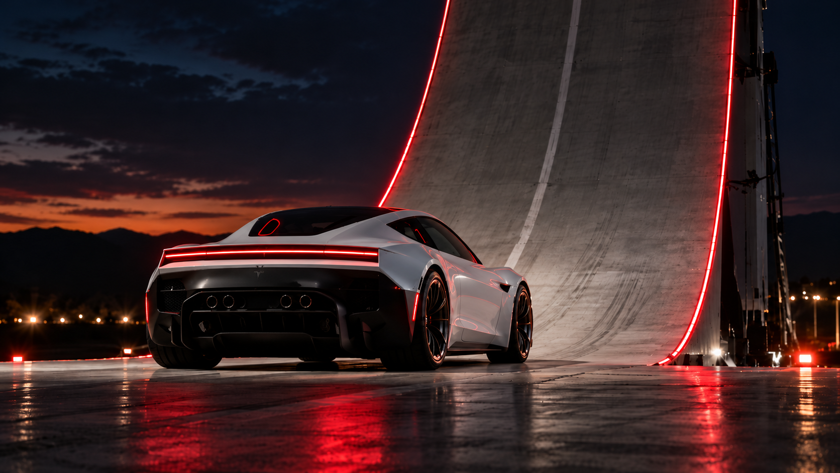 Recreación del Tesla Roadster 2026, deportivo eléctrico de Elon Musk frente a una rampa vertical utilizada para demostrar su tecnología de adherencia.