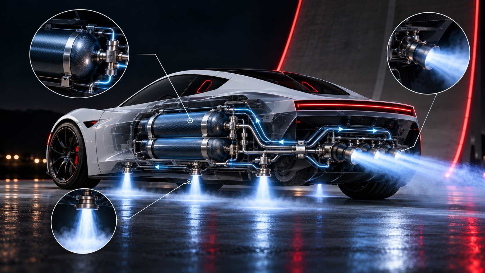 Ilustración técnica del Tesla Roadster 2026 que muestra depósitos de aire comprimido, tuberías y propulsores de gas frío utilizados para generar empuje.