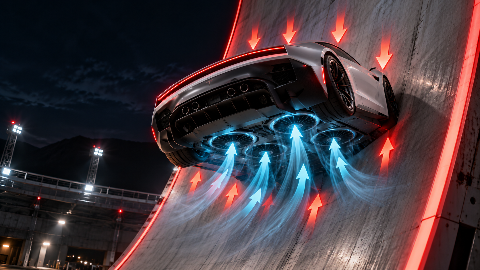 Ilustración del Tesla Roadster 2026 adherido a una pared vertical mediante ventiladores inferiores que generan una diferencia de presión para mantener el vehículo contra la superficie.